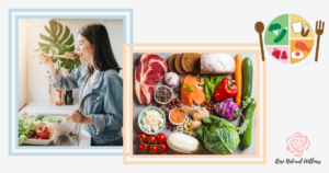 woman eating, balanced plate, rose natural wellness, healthy food
